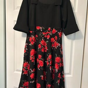 Black Midi Dress with Red Rose Print